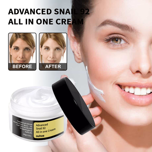 Cream jar with 'Advanced Snail 92 All in One Cream' label, showing before and after effects on a woman's face.