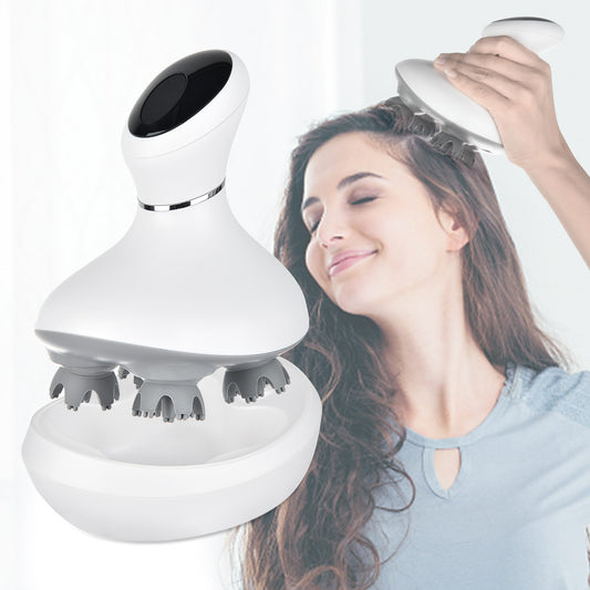 Woman using a hair care device on her head with a close-up of the device on a white background.
