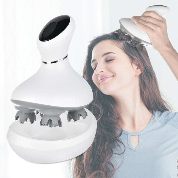 White rechargeable waterproof electric scalp massager with 360° rotating silicone massage heads for stress relief and hair care