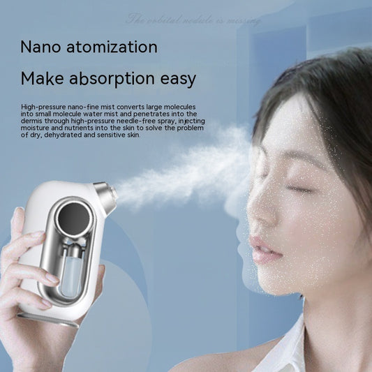 Person using a nano atomization device on their face with text about nano atomization technology.
